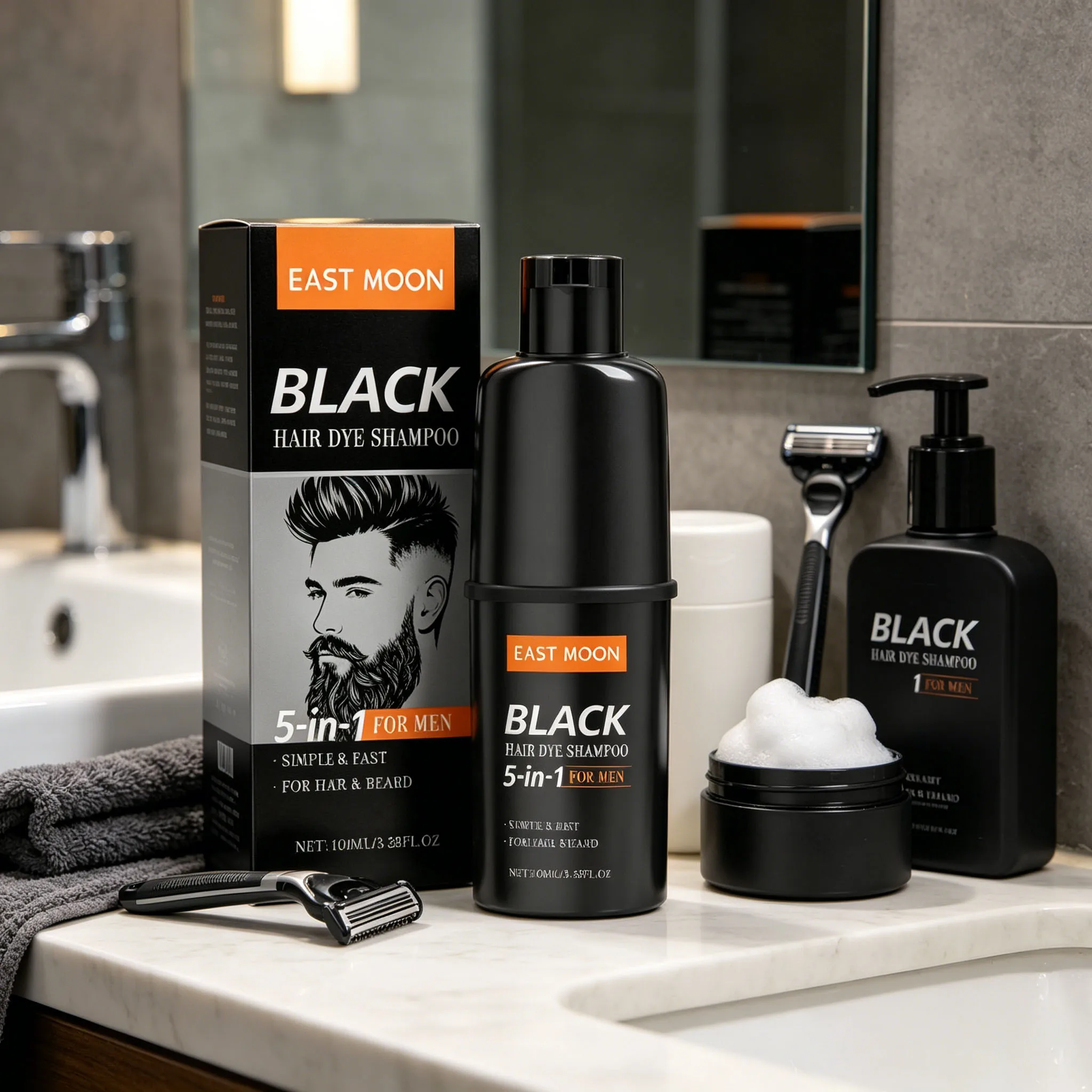 East Moon Men's Black Hair Dye Shampoo Fast Coloring Removal White Gray Hair Long Lasting Nourishing Natural Beard Dye Shampoo
