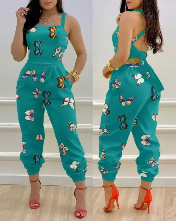 Elegant Jumpsuit Women summer 2022 new fashion Butterfly Print Crisscross Lace Up Details Backless Long Jumpsuit