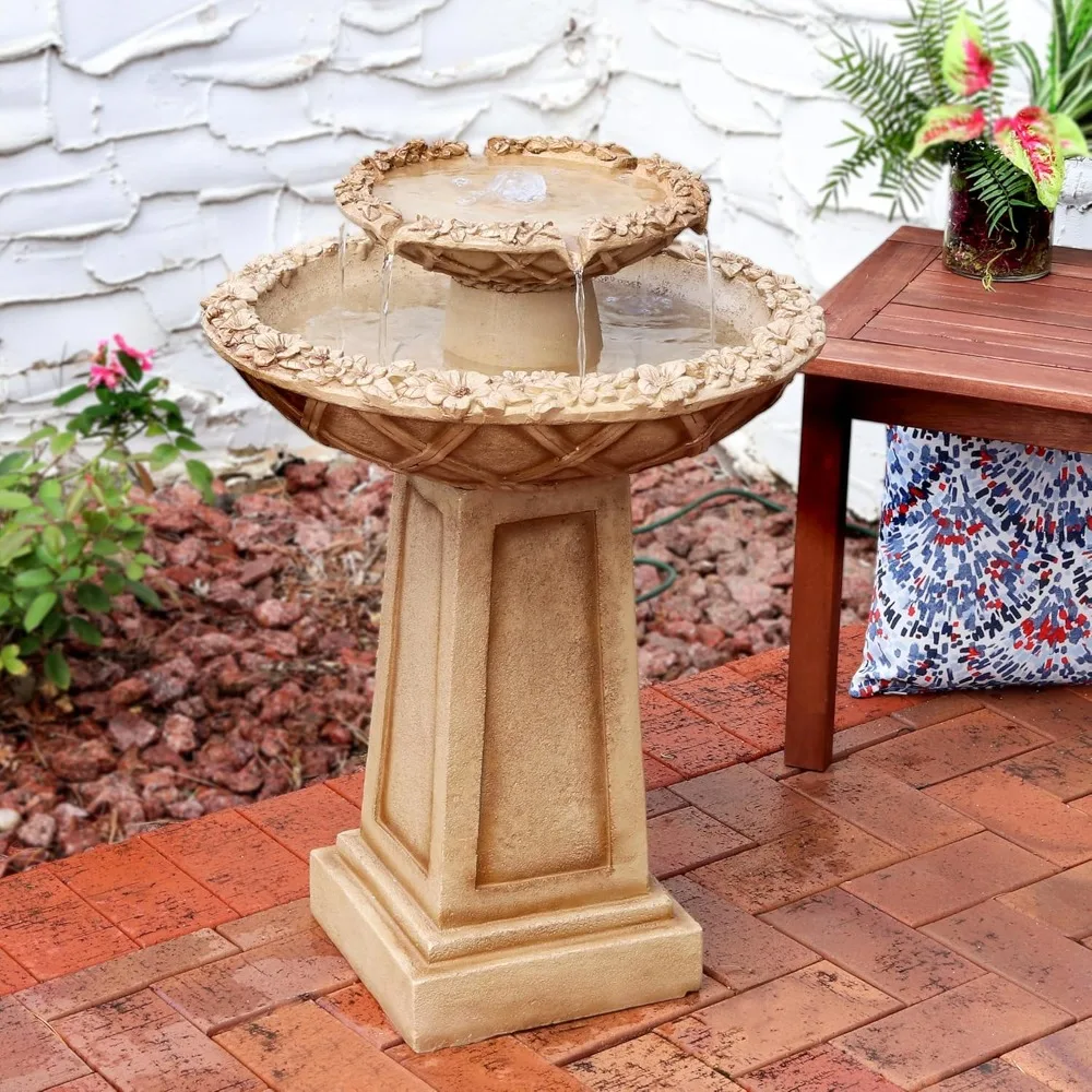 

Beveled Flower 28-Inch 2-Tier Outdoor Water Fountain, Backyard Water Feature & Bird Bath for Patio, Yard or Deck