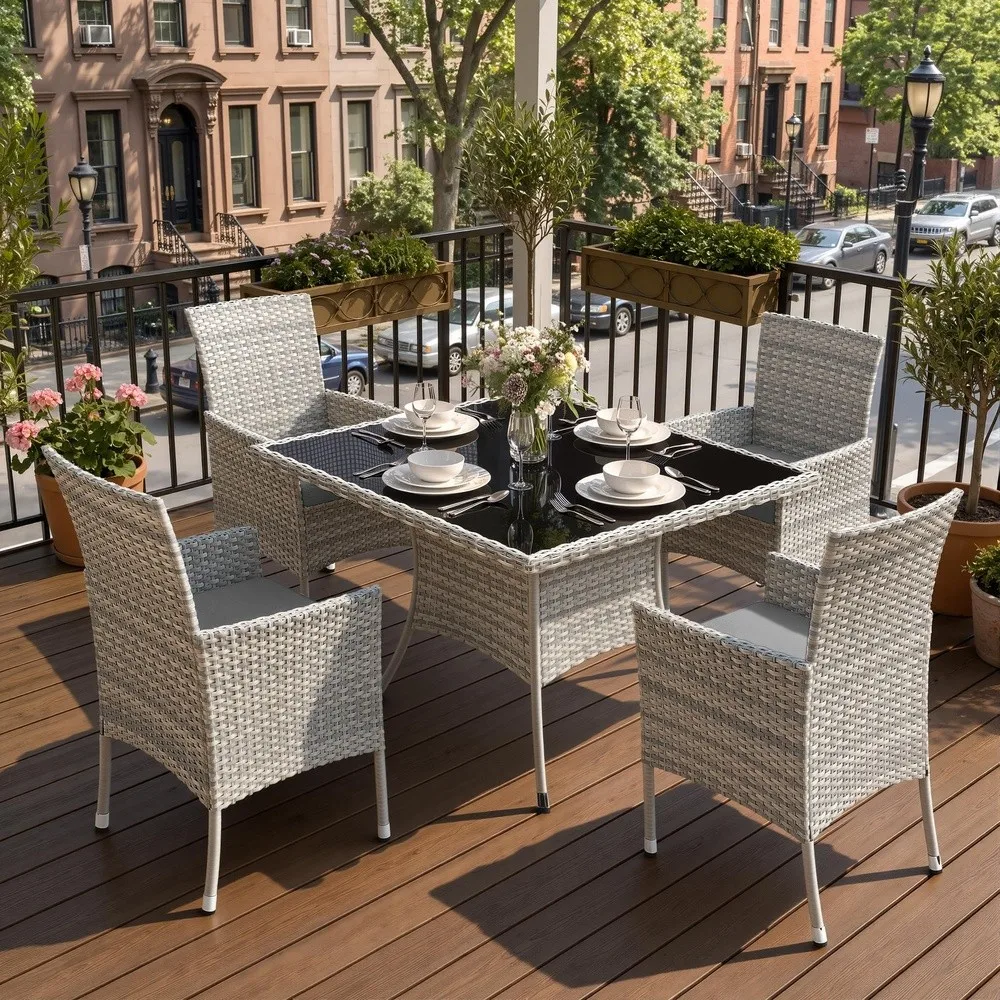 5 Piece Patio Dining Set Patio Furniture Set Glass Table & 4 Wicker Chairs