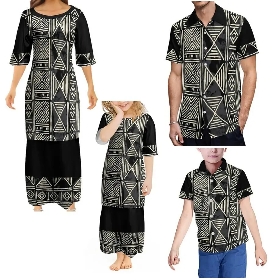 Polynesia Family Look Puletasi Mother Daughter Matching Dresses Tribal Pattern Mommy and Me Clothes Father Son T-shirts Outfits