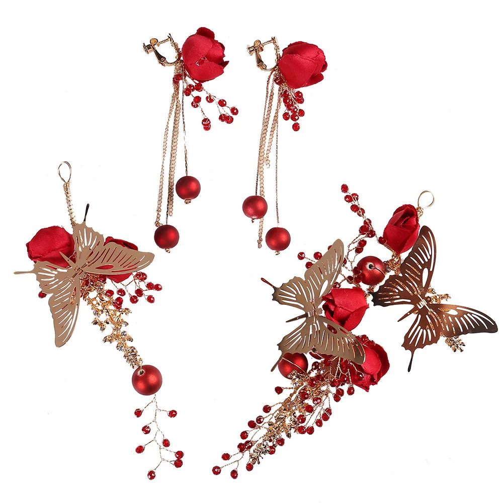 

Red Crystal Butterfly Hair Clip Bridal Headdress Set Women Hair Clip Set Wedding Accessories Elegant Eardrop Jewelry