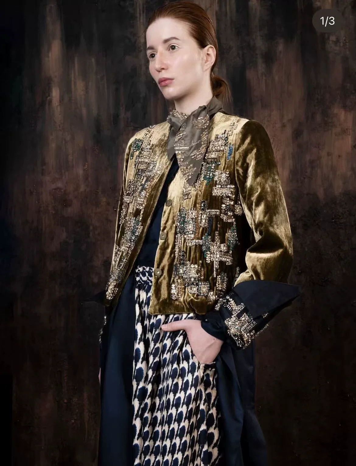 ⁠Luxury Heavy Beaded Velvet Skirt Set Women Olive Green Brown Haute Couture Floral Embroidered Party Jacket and Midi Skirt⁠