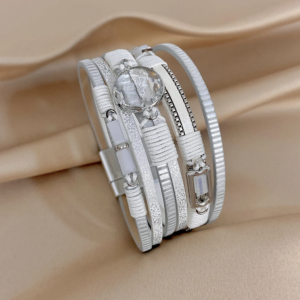 Amorcome 4 Styles Vintage Multi Layer Leather Bracelet Women Men Boho Inlaid Acrylic Crystal Wide Cuff Bangle Jewelry Wholesale