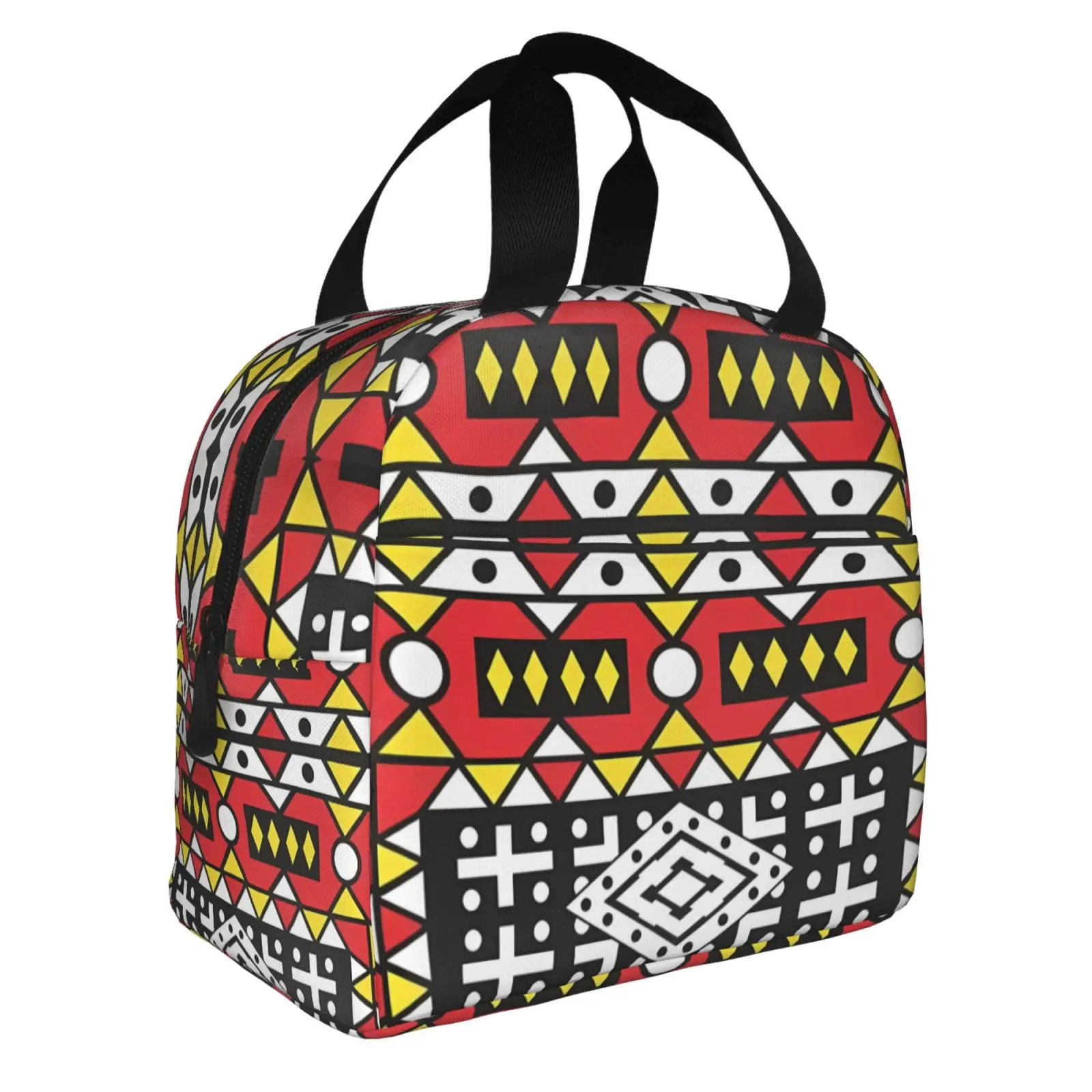 African Ethnic Geometric Colorful Pattern Lunch Tote Bag Insulated Leakproof Lunch Box Container with Front Pocket for Girls Boy