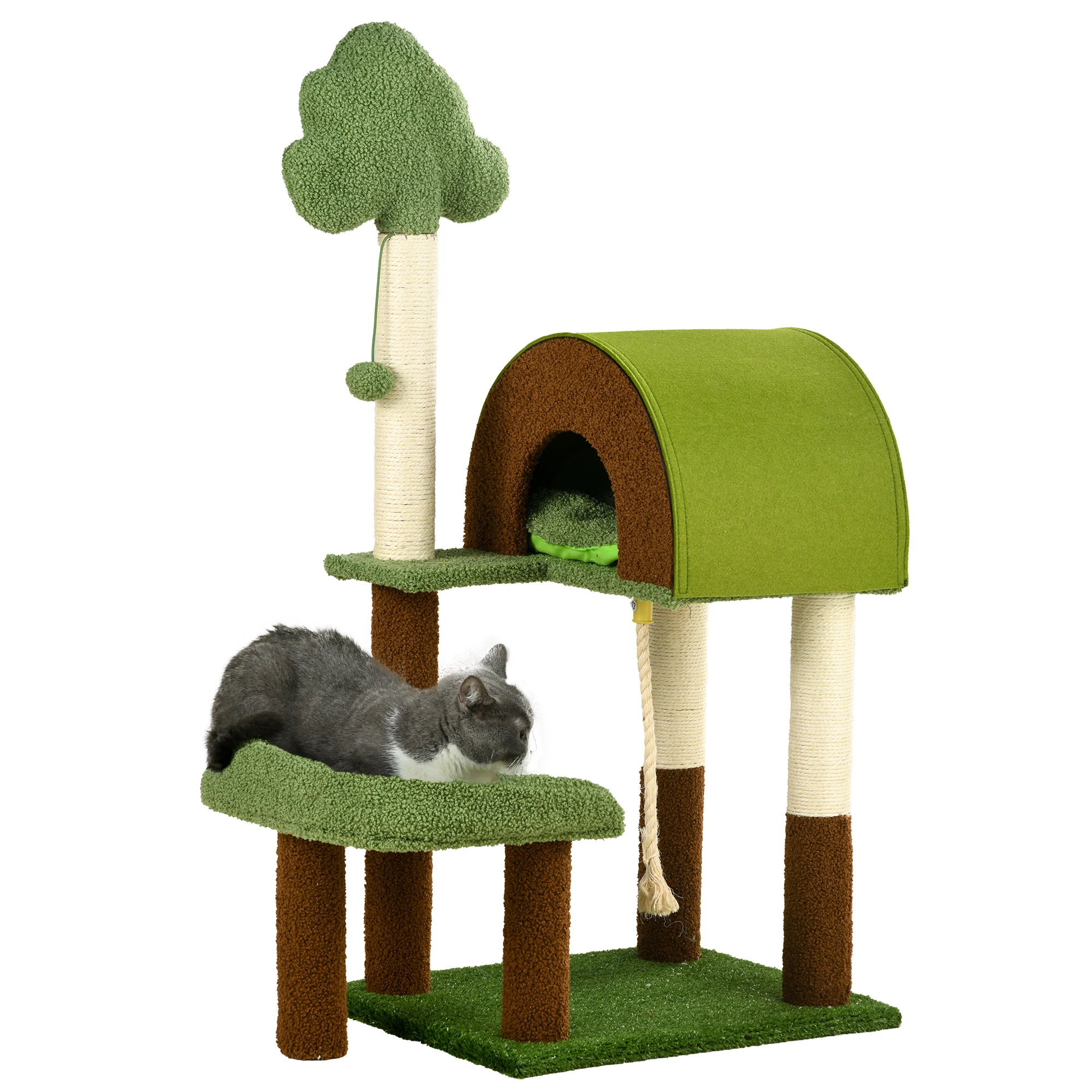 PawHut cat scraper tree 107 cm medium cat tower cat activity center for kitten with nest Sisal post lawn fake hanging ball 49x40x107 cm Green