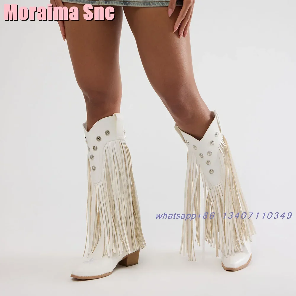 Fashion Fringe Metal Button Knee High Boots Pointed Toe Block Chunky Heel White Solid Women's Long Boots Autumn Winter New 2026