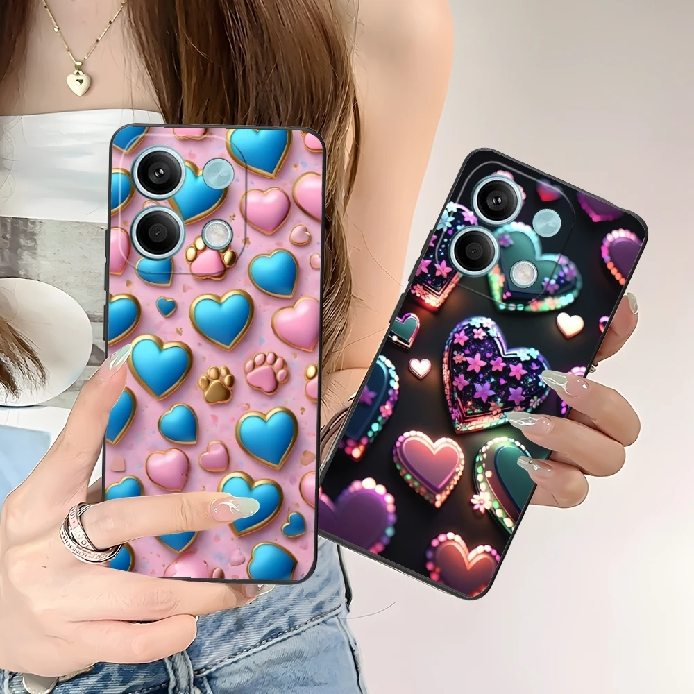 Y2K Glowing Love Hearts Mobile Phone Case for Xiaomi POCO M6 M5 M4 M3 X6 X5 X4 X3 F6 F5 F4 F3 F2 C40 Pro GT 5G Black Cover Shell