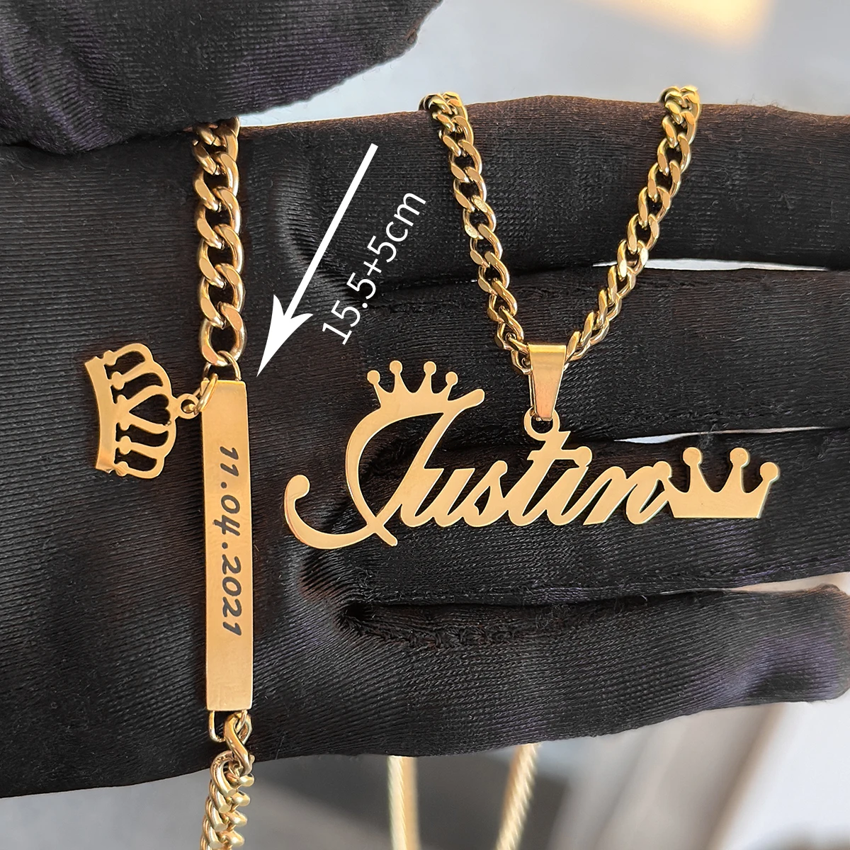 Custom Children's Name Set Stainless Steel Initial Crown Name Necklace Carved Date Children's Bracelet with Crown Kids Set Gift