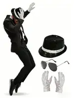 Michael Jackson Costume Accessories Set - Sequin Fedora Hat + Rhinestone Gloves + Aviator Sunglasses, Halloween Cosplay Party Dr
