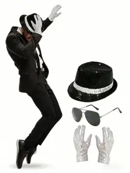Michael Jackson Costume Accessories Set - Sequin Fedora Hat + Rhinestone Gloves + Aviator Sunglasses, Halloween Cosplay Party Dr