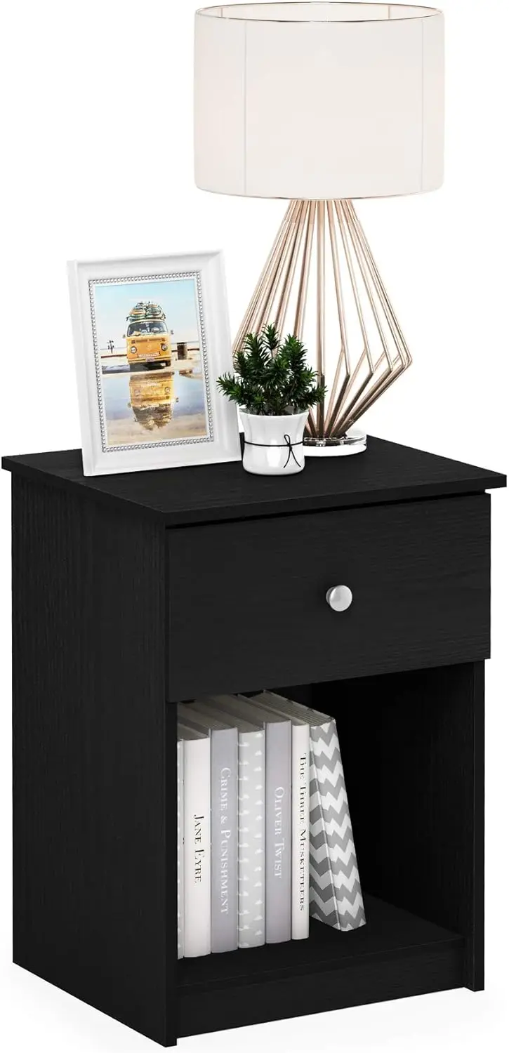 

Modern 2-Pack Nightstand with Drawer and Shelf, Black Oak Finish, Space-Saving Design for Bedroom