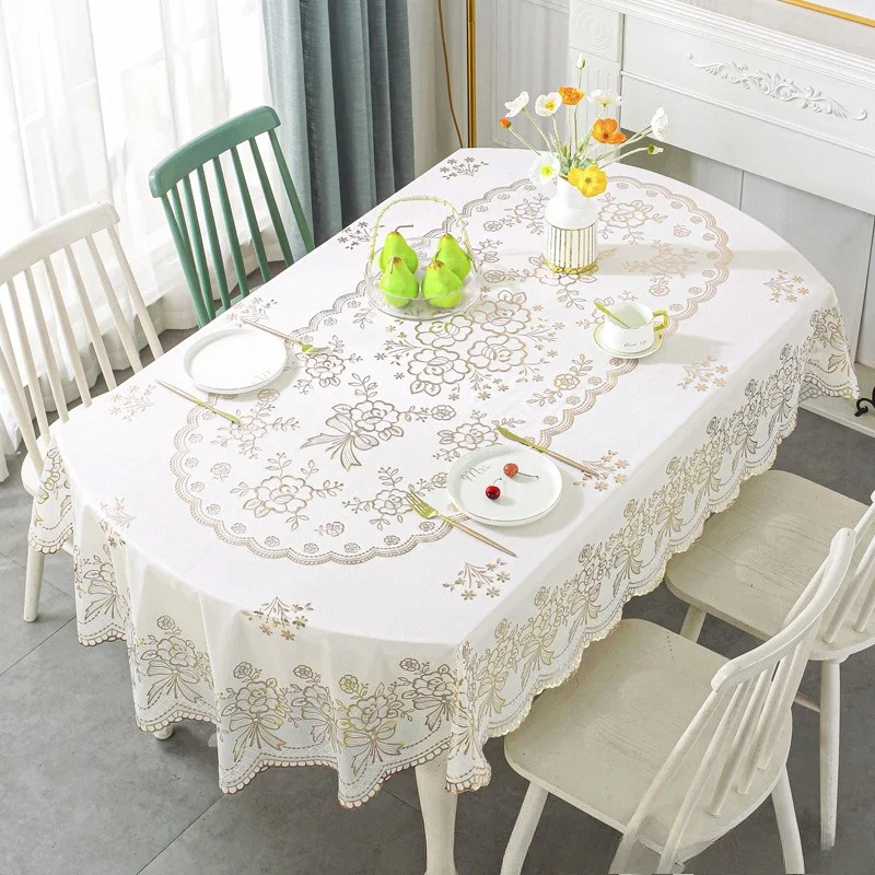 European Style PVC Tablecloth Flower Pattern Hot Stamping Desk Mat Waterproof Oil Resistant Easy Maintain Oval Dining Tables Pad