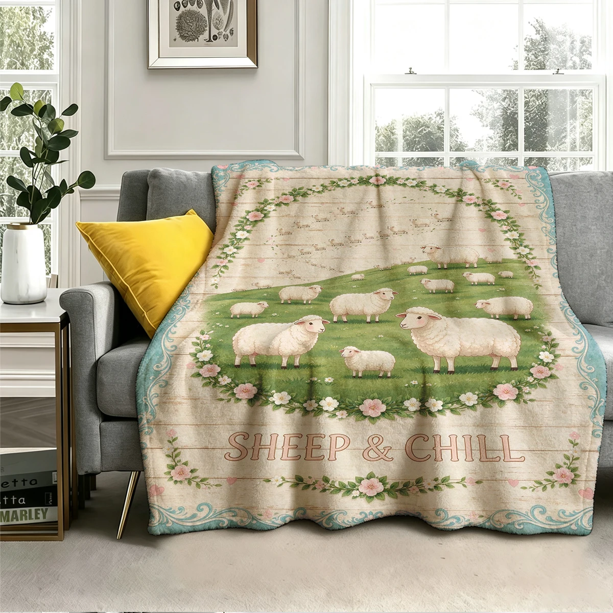 Sheep Chill Arch Wreath Flannel Blanket Warm Soft Halloween Christmas Decorative Couch Warm Cozy All-Season Gift