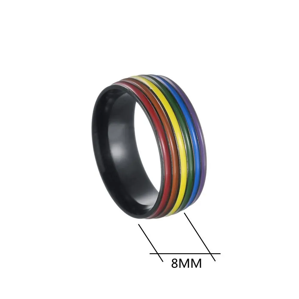 Stainless Steel Multicolour Rainbow Rings Rainbow Stripe Enamel Unisex Couple Rings Wide Flat Thick Finger Knuckle Bands