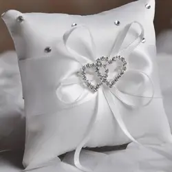 10x10 cm Romantic Bridal Wedding Ring Pillow Double Heart Ribbon Cushion Decor European Romantic Rhinestone Decor For Wedding