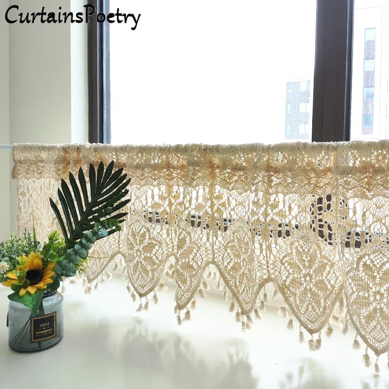 

Lace Curtain Valance Macrame Window Decor with Boho Style Handmade Tassels Floral Sheer Curtains for Kitchen Rod Pockets 1 Panel