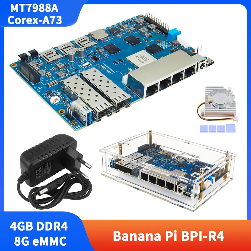 Imagem -01 - Banana Pi-nand Flash Smart Router Board Ventilador Case Opcional Fonte de Alimentação Banana pi Bpi-r4 Mt7988a 4gb Ddr4 8g Emmc 128mb Spi