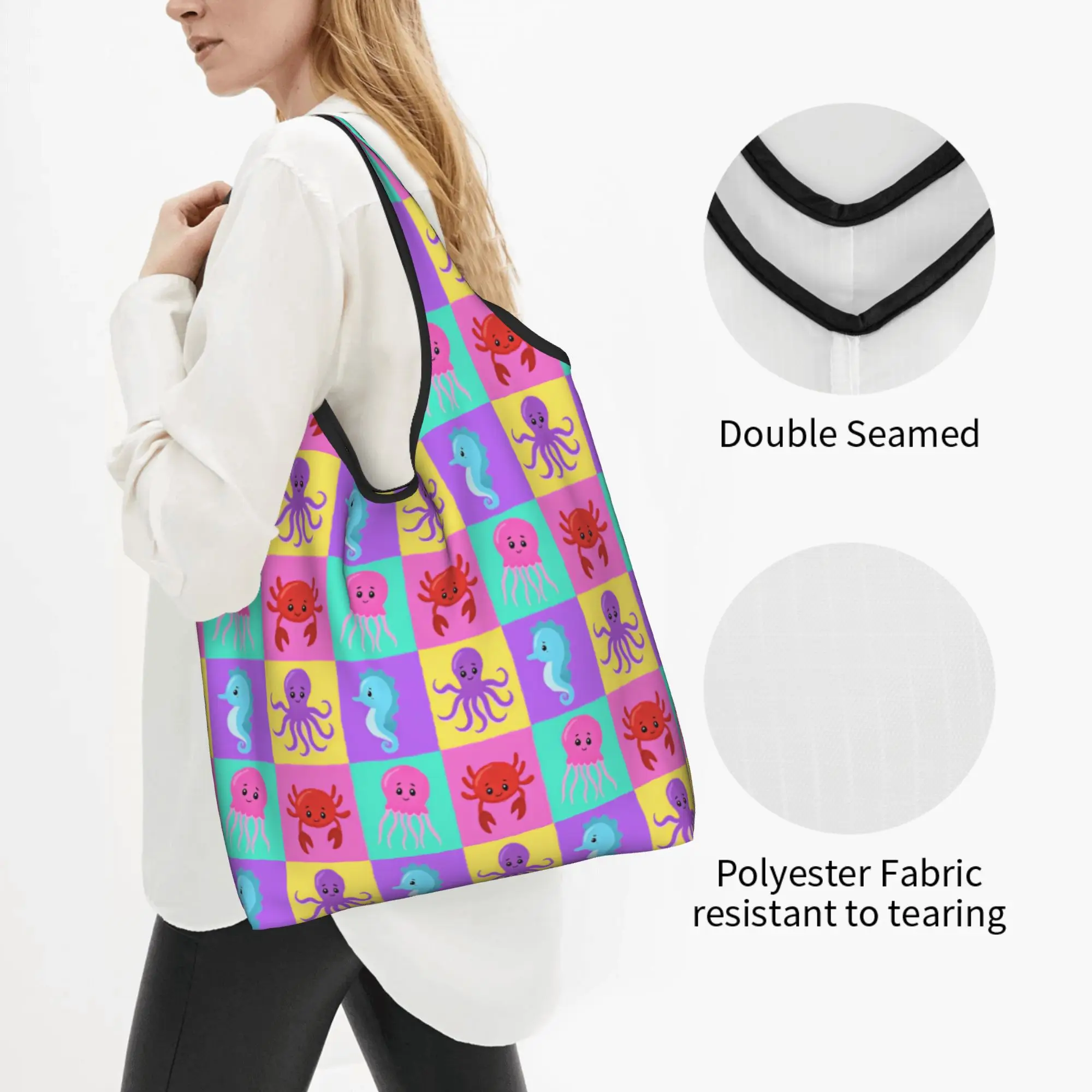 Marine Life Octopus Seahorse Groceries Shopping Tote Bag Women Cute Crab Jelly Fish Shoulder Shopper Bag Large Capacity Handbag