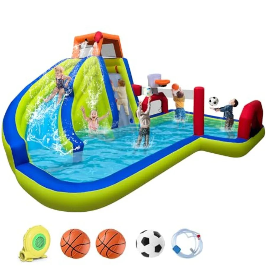 

Backyard inflatable water slide for kids: PVC blue and yellow 8-in-1 with slide splash pool climbing wall basketball rim soccer