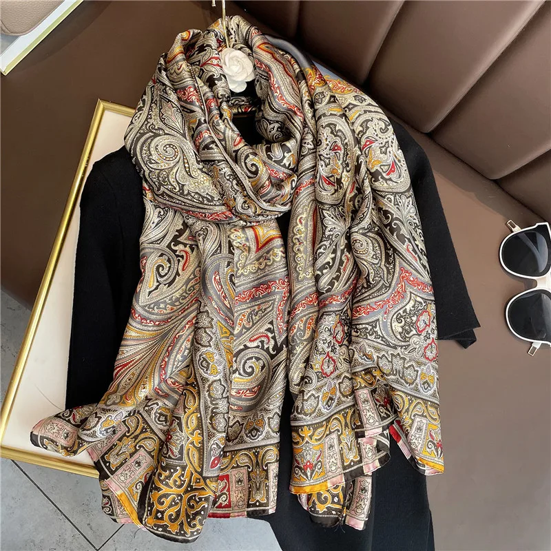 180*90cm Grande Cachecol De Cetim De Seda Hijab Mulheres Impressão Primavera New Shawl Wrap Feminino Mão Foulard Pashmina Viagem Echarpe 2022 NOVO