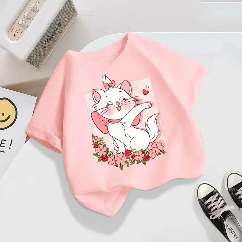 Disney Cute Mary Cat Graphic Children's Clothing Boys Girls High Quality Printed T-shirts Baby Children's T-shirts