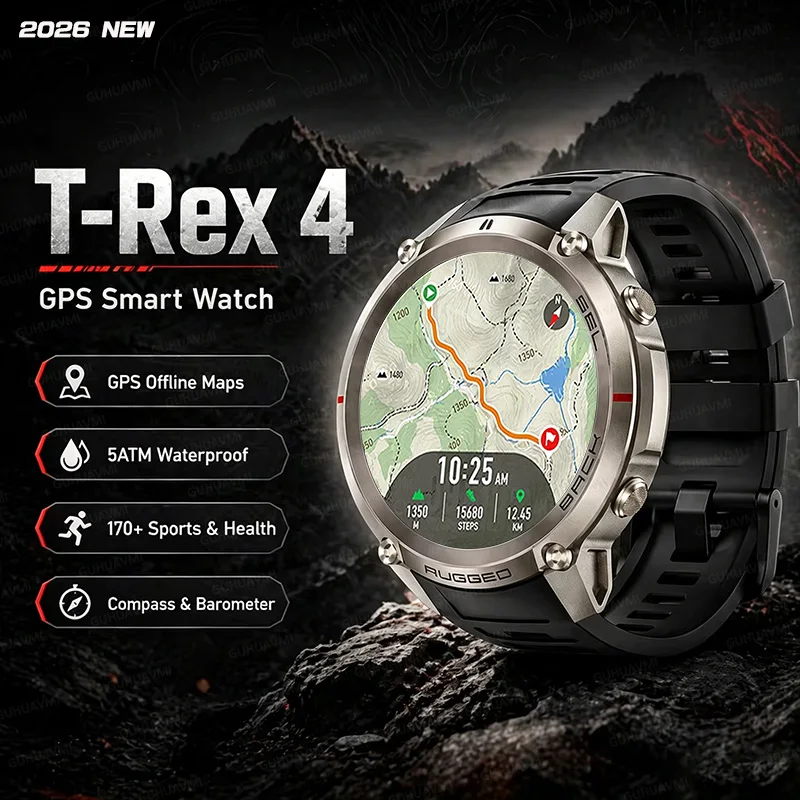 New T-Rex 4 Military GPS Smart Watch Men Offline Map Compass Sports Fitness Watch Bluetooth Call 5ATM Waterproof Swim Bracelets