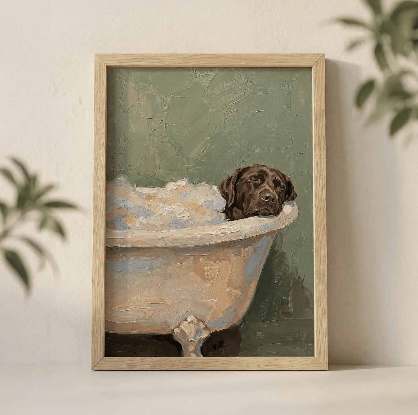 Chocolate Labrador Bathtub Bubble Canvas Wall Art Prints Decor, Oil Painting Animal Picture for Bathroom, Washroom, Bedroom