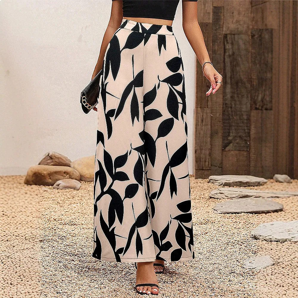 Summer Leaf Print Chiffon High Waist Wide Leg Pants Casual Trousers Women Overall Jumpsuit Playsuit