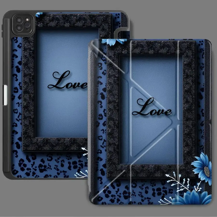 Blue Flower Love Frame Decor Holder Cover Tablet Case For iPad Pro 11th 10th 9th 8th 7th 12.9inch Mini 6 7 Air 4 5 M3 M2 M4