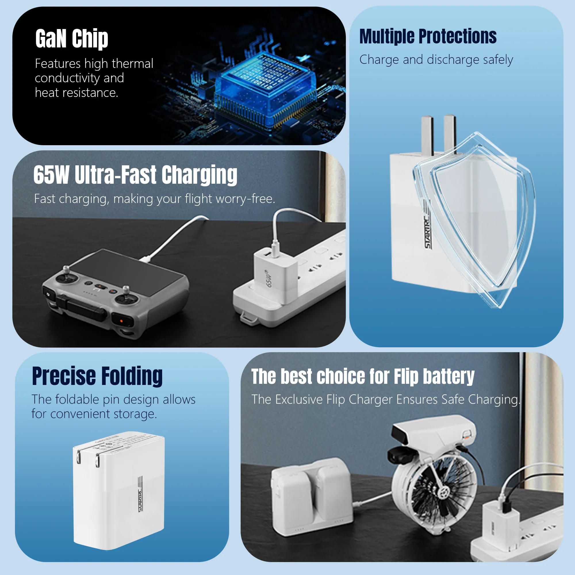 Startrrc 65w gan adaptador de carregador rápido porta dupla para dji flip drone bateria e controle remoto carregador hub drone acessórios