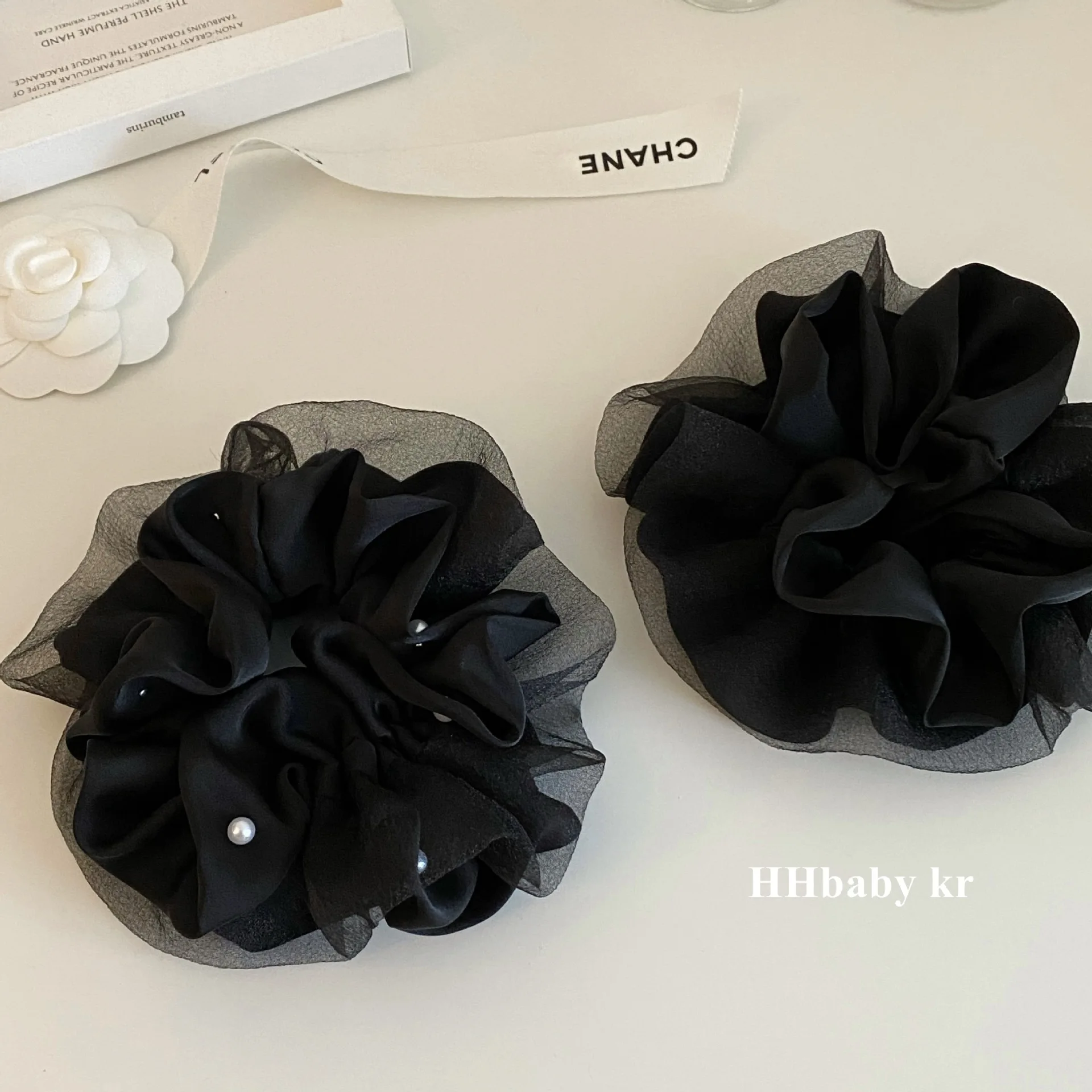 

Premium Large Mesh Scrunchie with Pearl Beads Korean Style Elegant Elastic Ponytail Holder for Women Daily Use Accessories
