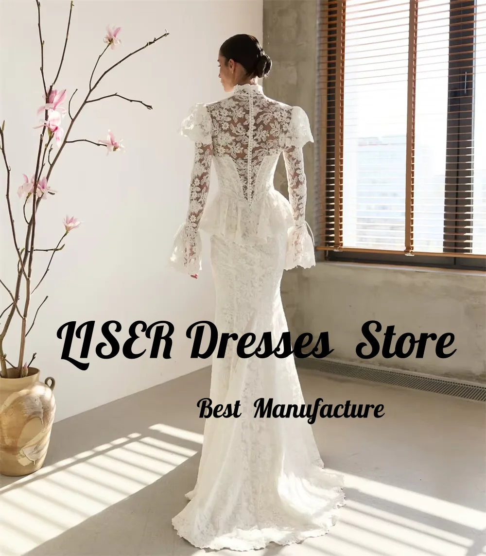 Liser Customized Modest Wedding Dress High Neck Puff Sleeves Ruched Train Mermaid Vintage Bridal Gown Vestido De Novia 2026