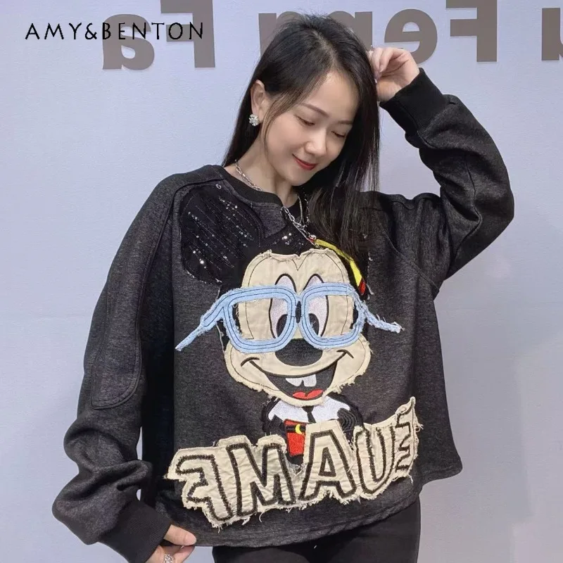 

Autumn Winter Fashion Design Long Sleeved Loose Kawaii Sweatshirt Pullover Korean Style Oversized O-Neck Pullover Hoodies Ladies