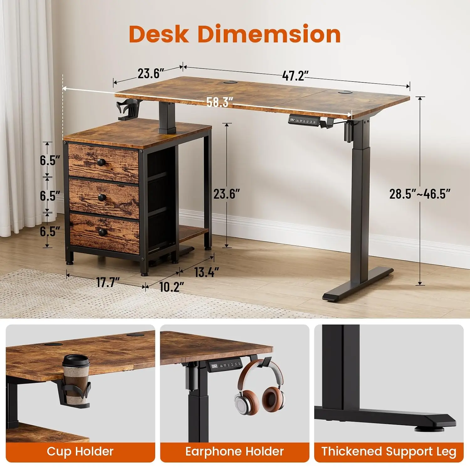 47 Inch Height Adjustable Standing Desk With Drawers, Dual Motor Frame, 3 Memory Presets, Cabinet & Hooks, Customized