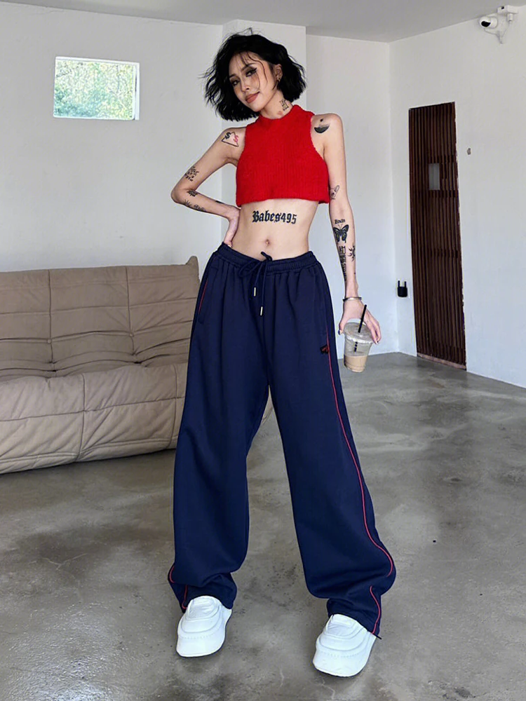 High Street Sport Pants Women Casual American Hip Hop Running Wide Leg Drawstring Straight Leg Trousers All Match