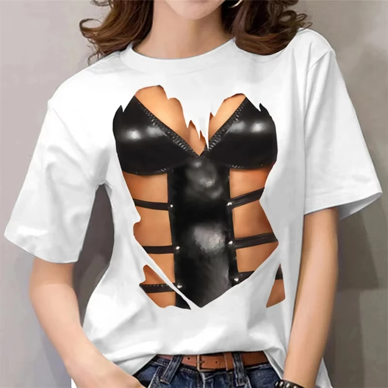 Unisex 3D Optical Illusion Graphic T‑Shirt, Torn Ripped Effect Print Funny Novelty Casual Humor Party Tops for Men Women