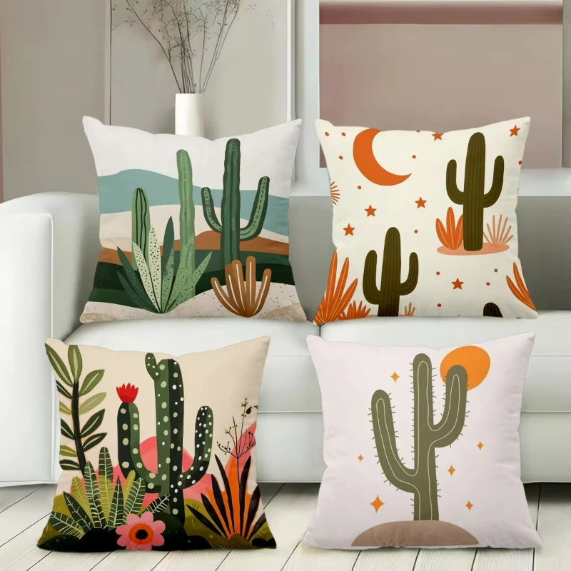 Cactus Pattern Decorative Throw Pillow Cover 2D Printed Polyester Sofa Cushion Case for Boho Desert Home Decor
