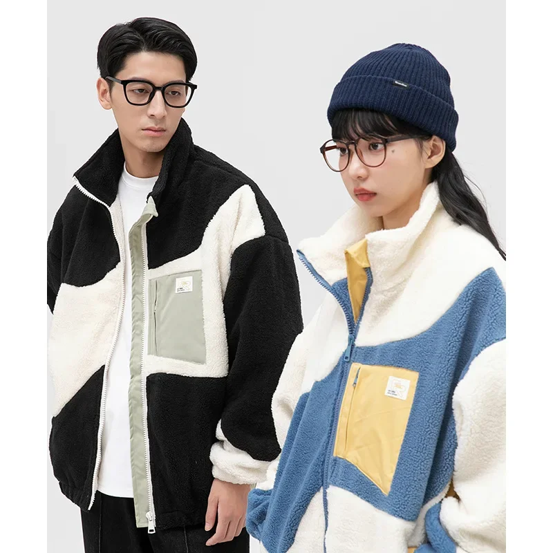 New Arrival Winter Lambswool Thick Warm Women Varsity Coach Jacket Patchwork Unisex Man Streetwear Bomber Coat Shirt Casual Chic