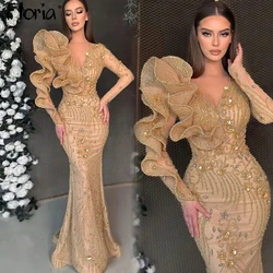 Plus Size Women Gold Evening Dress Deep V Neck Long Sleeve Dubai Luxury 2024 Prom Dresses Vestido De Noiva Bride Occasion Dresse