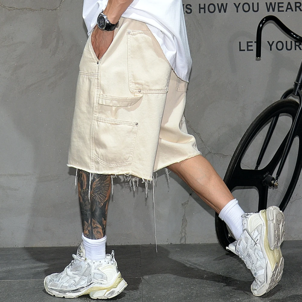 American Workwear Denim Shorts Men 5 Inch Beige Straight Jort Hip Hop Streetwear Summer Outdoor High Street Raw Edge Heavyweight