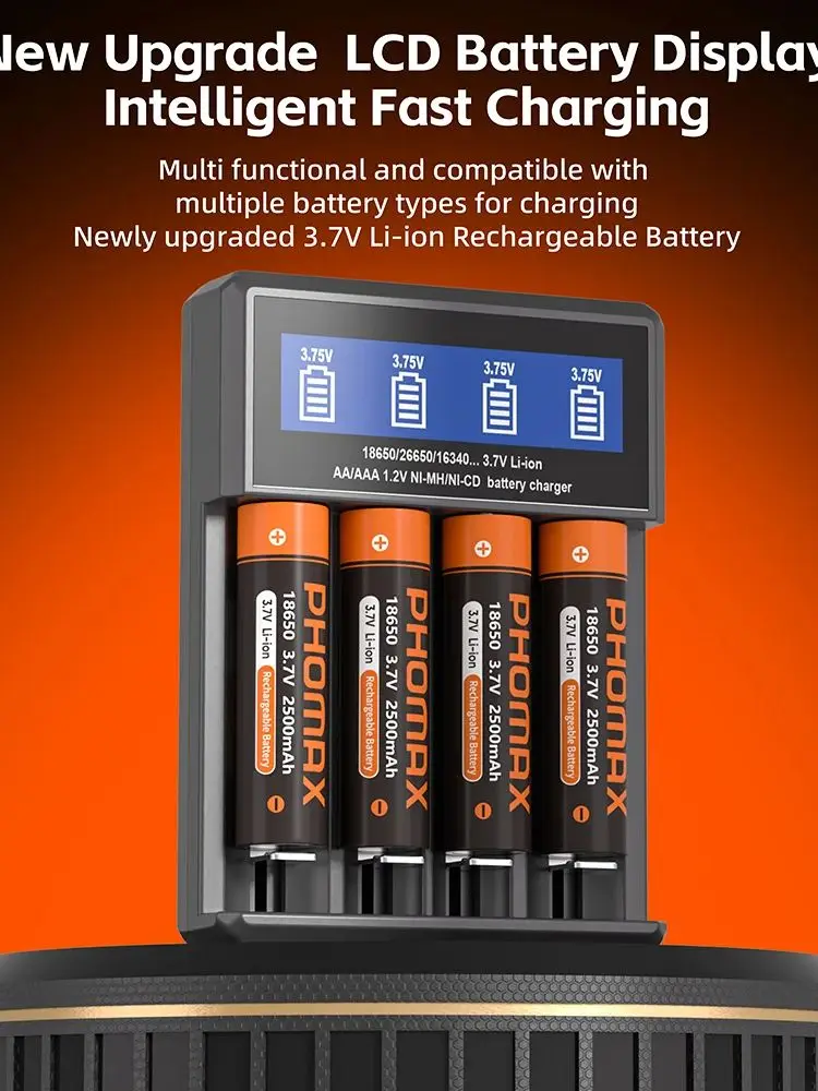 Akumulator litowy PHOMAX 18650 3.7V 2500mWh z inteligentną ładowarką 18650 na 4 akumulatory, akumulatory do ponownego ładowania do latarki, lampy czołowej, zabawek, majsterkowania — zdjęcie produktu 7