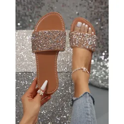 Glitter Bling Summer Slippers for Women 2024 New Ladies Flat Beach Slipper Women Sandals Outdoor Shoes Luxury Designer Plus Size