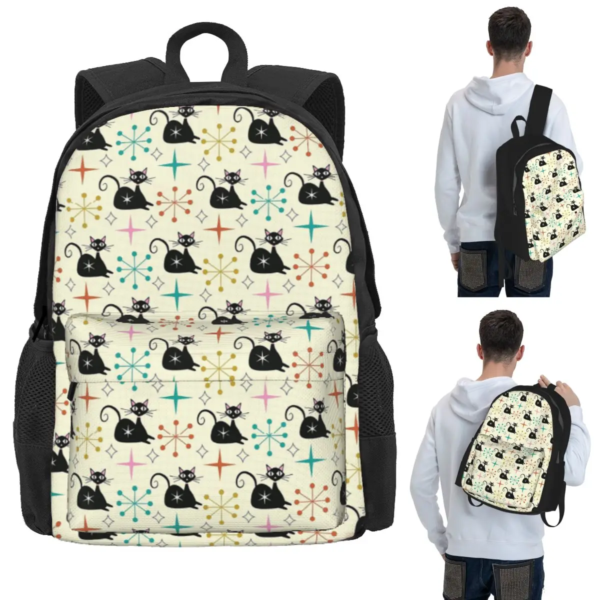 Mid Century Black Atomic Cat With Starbursts Student Backpack School Bag Hiking Travel Daypack Boys Girls Bookbag Shoulder Bags