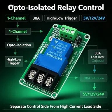 30A 1CH Relay Board with Optocoupler, 5V-24V, High/Low Level for Smart Home/Automation