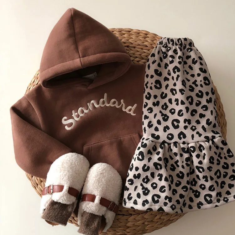 Korean Style Autumn Winter Letter Print Hooded Baby Hoodies Long Sleeve Loose Pocket Casual Coffee Kids Sweatshirt