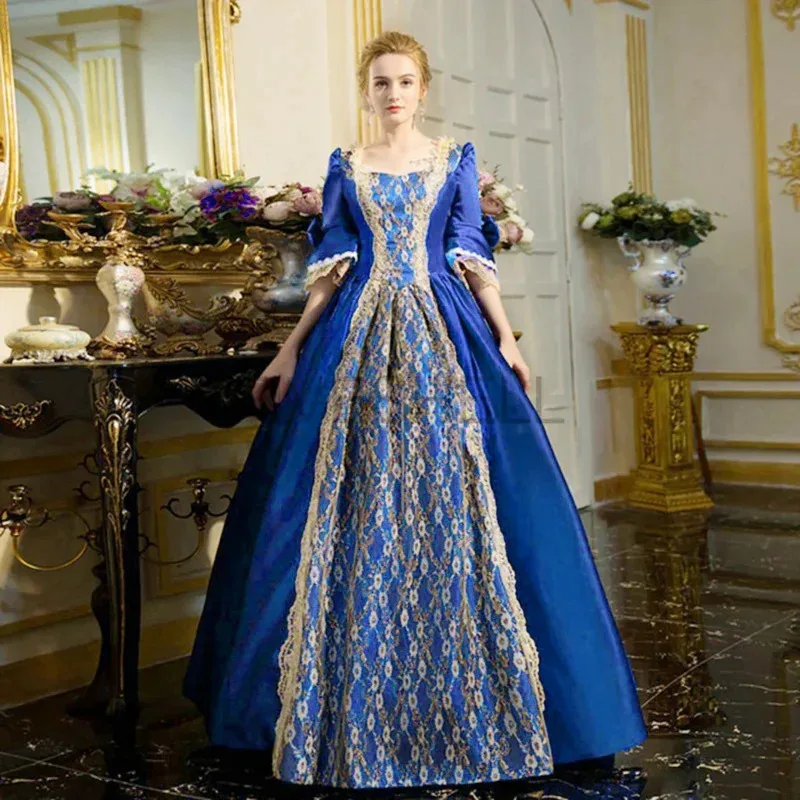 Sukienka Średniowieczna Damska Z Wysokim Stanem, Krótkim Rękawem, Suknie Balowe, Księżniczka, Koronkowe Wstawki, Satynowa Sukienka, Królowa, Renesansowy Kostium Cosplay