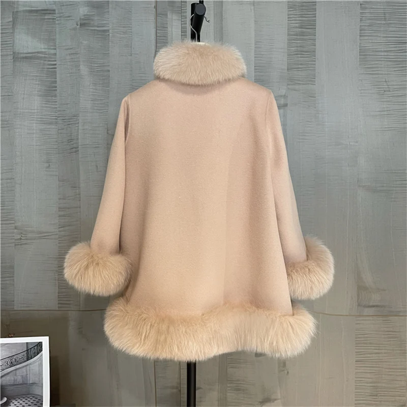 2023 Fashion Natural Winter Fur Coat Real Fox Fur Collar Cashmere Wool Woolen Women Jacket Luxury Outwear New Ladies Female Coat