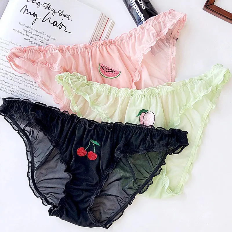 

Women Sweet Sexy Lace Panties Underwear Female Lingerie Temptation Low-waist Panties Fruit Embroidery Girl Cute Mesh Briefs