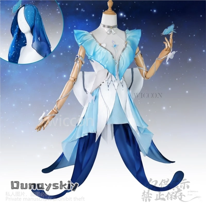 Shorekeeper 코스프레 애니메이션 게임 Wuthering Waves 의상 워터 컬러 Y2K 나비 공주 드레스 불규칙한 레이스 맞춤형